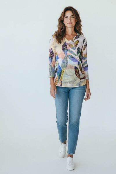 FDJ LEAF ART PRINTED V-NECK TOP