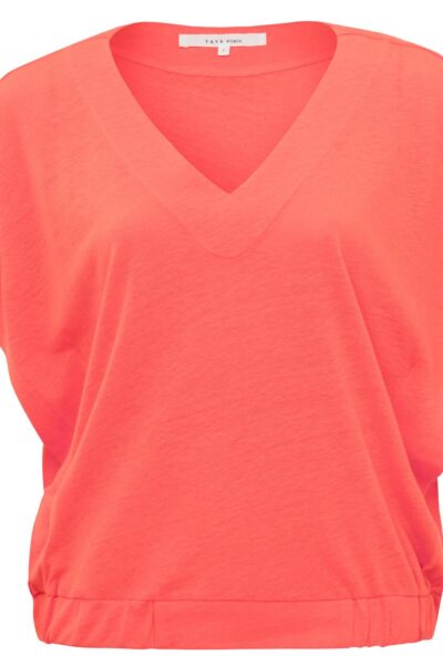 YAYA EXOTIC ORANGE V-NECK TOP WITH ELASTIC WAISTBAND