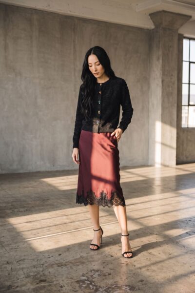 JOSEPH RIBKOFF ELDERBERRY AND BLACK SKIRT